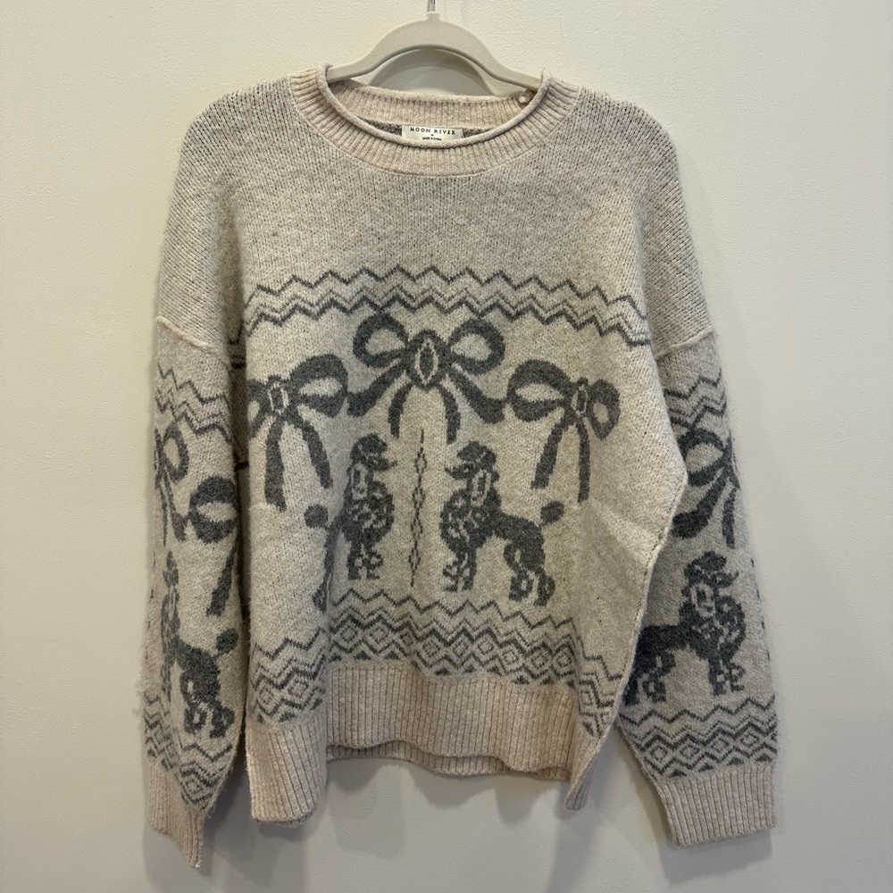 Moon River Gray Bow Poodle Oversized Crewneck Sweater NWOT - Picture 3 of 7